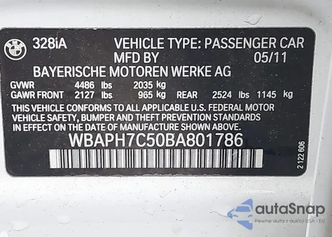 2011 BMW 328I из США, поврежденный, VIN WBAPH7C50BA801786